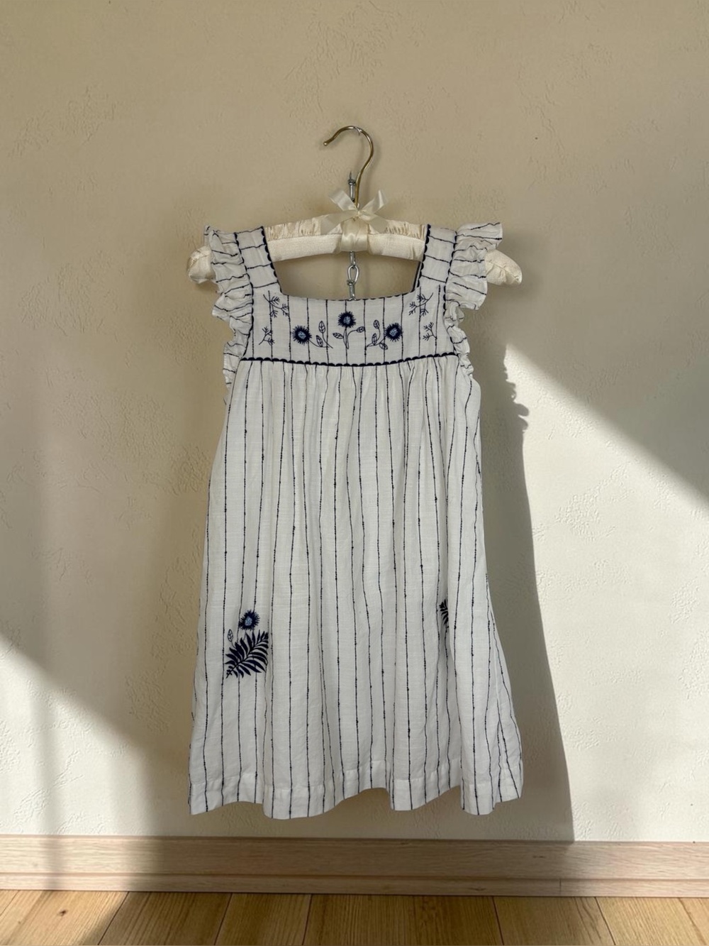 Tartine et Chocolat White Dress with Navy Embroidery and Stripes